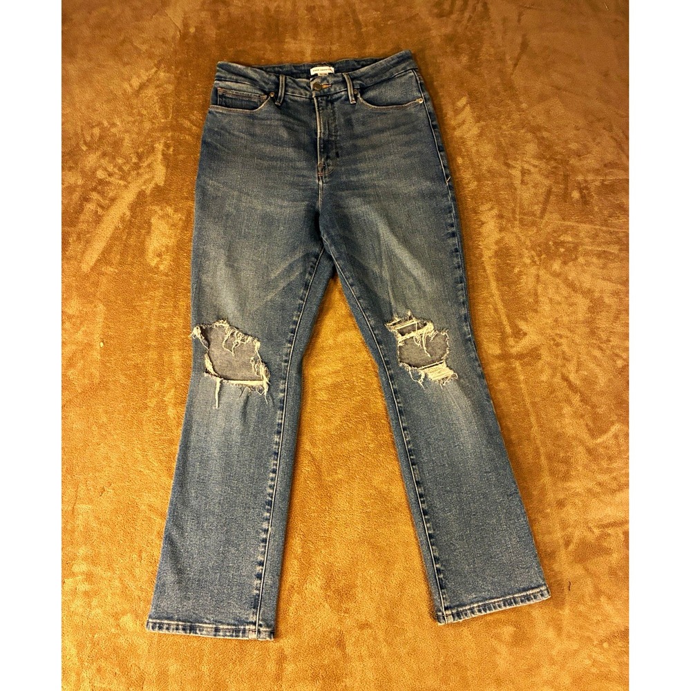 Good American Womens Jeans 6 Blue Good VTG Straight Leg Heavy Shredded Knee Rips